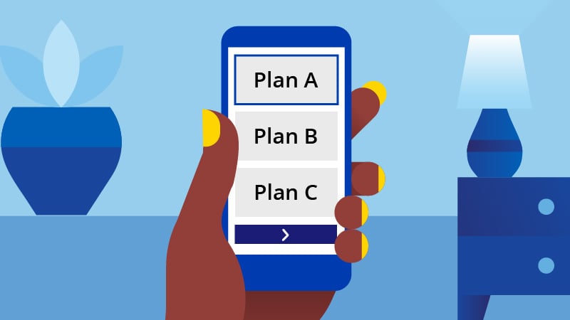 A smartphone showing Plan A, Plan B and Plan C as selectable boxes, the Plan A being selected