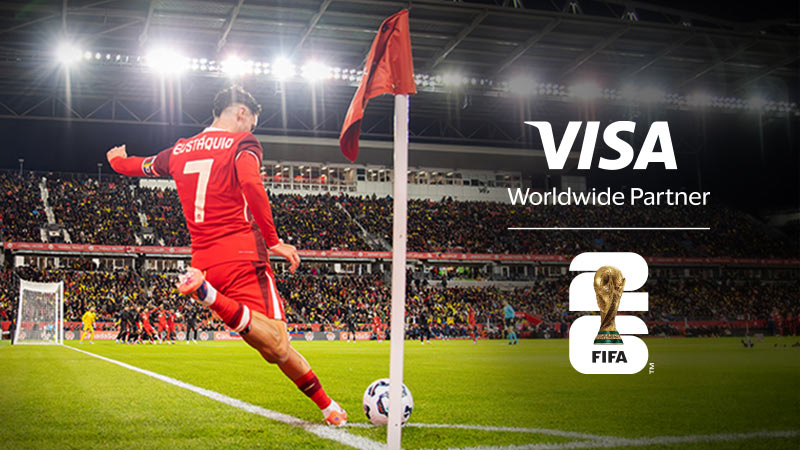 Stephen Eustáquio of the Canada Soccer team and the Visa/FIFA 2026 logo lockup.