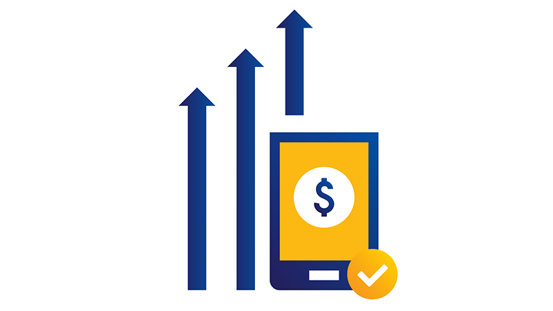 Illustration of upward trending arrows behind tablet displaying dollar sign.